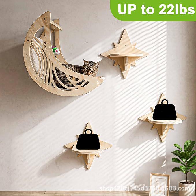 Wall-Mounted Wooden Cat Tree & Climbing Frame with Bed, Perch, Steps, and Hammock