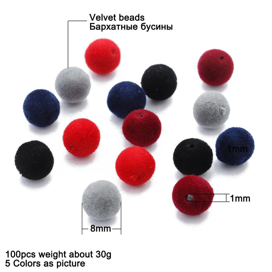 100pcs 8mm Round Beads Pompom Velvet Fabric Resin Loose Spacer Bead Hole 1mm for Necklace Bracelet DIY Jewelry Findings
