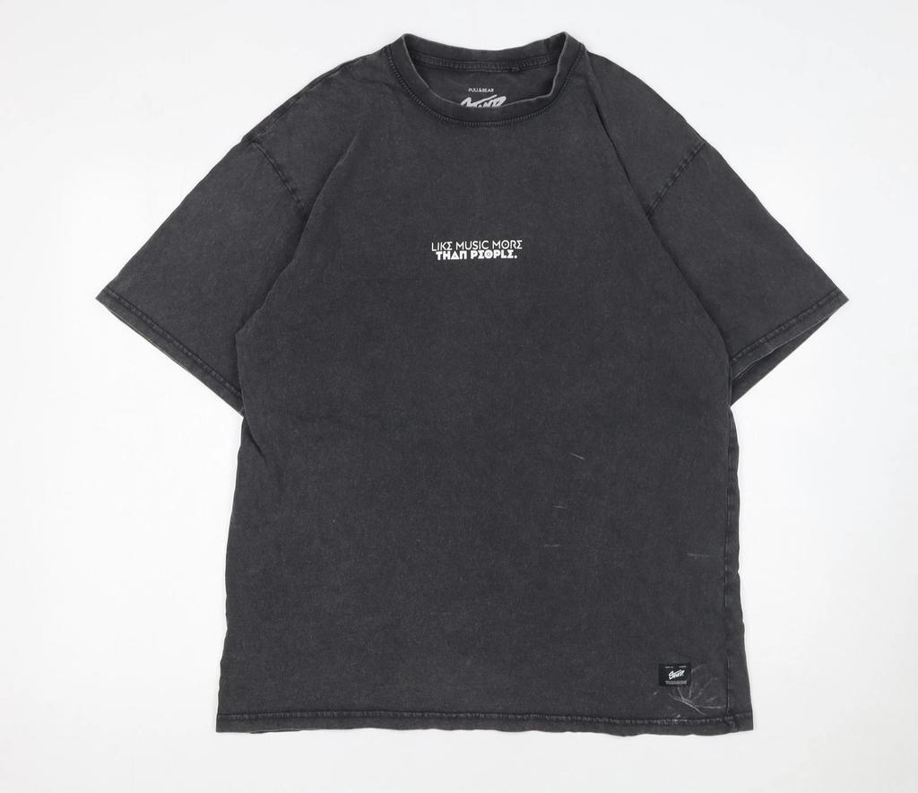 Мужская серая футболка Pull&Bear с графическим принтом и музыкальной цитатой, размер M, свободный крой