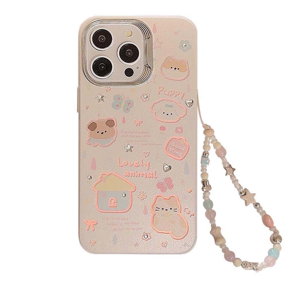 Cartoon doodle puppy and cat phone case suitable for Apple 15 Pro Max, iPhone 17 with hanging chain, 16 hard case, 13