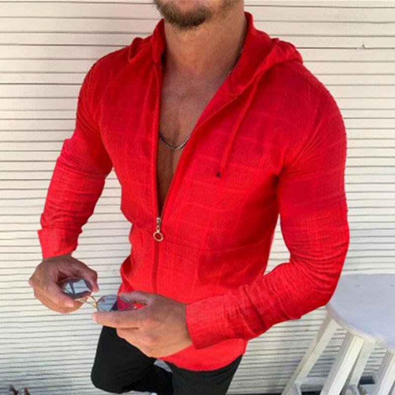 Новая мужская рубашка, повседневная рубашка на молнии с длинным рукавом, тонкая модная футболка с капюшоном, социальный мужской топ