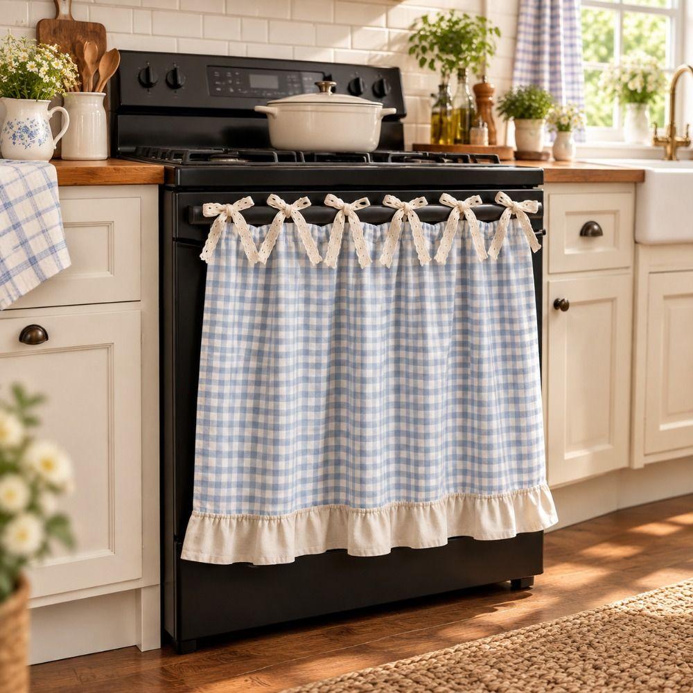 Cotton Linen Blend Kitchen Oven Door Valance Ruffle Trim Rustic Oven Decor Curtain Dishwasher