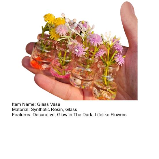 Набор из 4 мини-стеклянных ваз Искусственные цветы в стеклянных вазах Светятся в темноте Цветочные вазы для украшения рабочего стола, приборной панели автомобиля