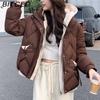 BITCED Winter Cropped Pseudo-Two-Piece Women's Student Cotton Coat Loose-Fit Compact Style Hooded Thickened Cotton Jacket