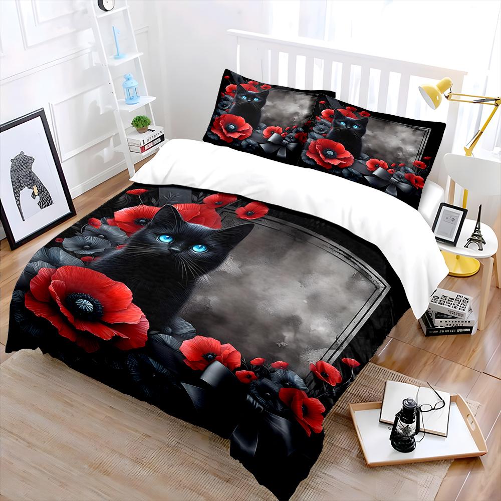 Black cat with red poppies print Bedding Set for Kids Luxury Gift 3pcs Digital Print Comforter Set Soft Comfortable Breathable