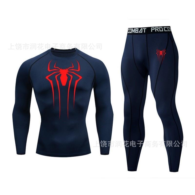 1116 Men's Spider-Man 1D Printed Fitness Suit High Elastic Quick-Drying Long Sleeve Tights Sports Pants Two-piece Set