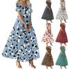 Women's Summer Casual Floral Print Short Sleeve O Neck High Waist A Line Tiered Flowy Boho Maxi Dress