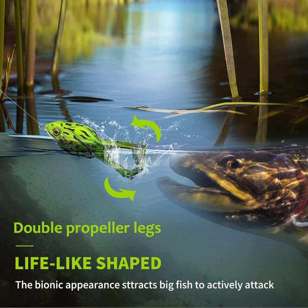 Top Water Soft Frog Bass Fishing Lures Kit, Double Propeller Legs, 5 Connection Rings, Thickened Silicone Skin, Bigger Splash More Attractive,