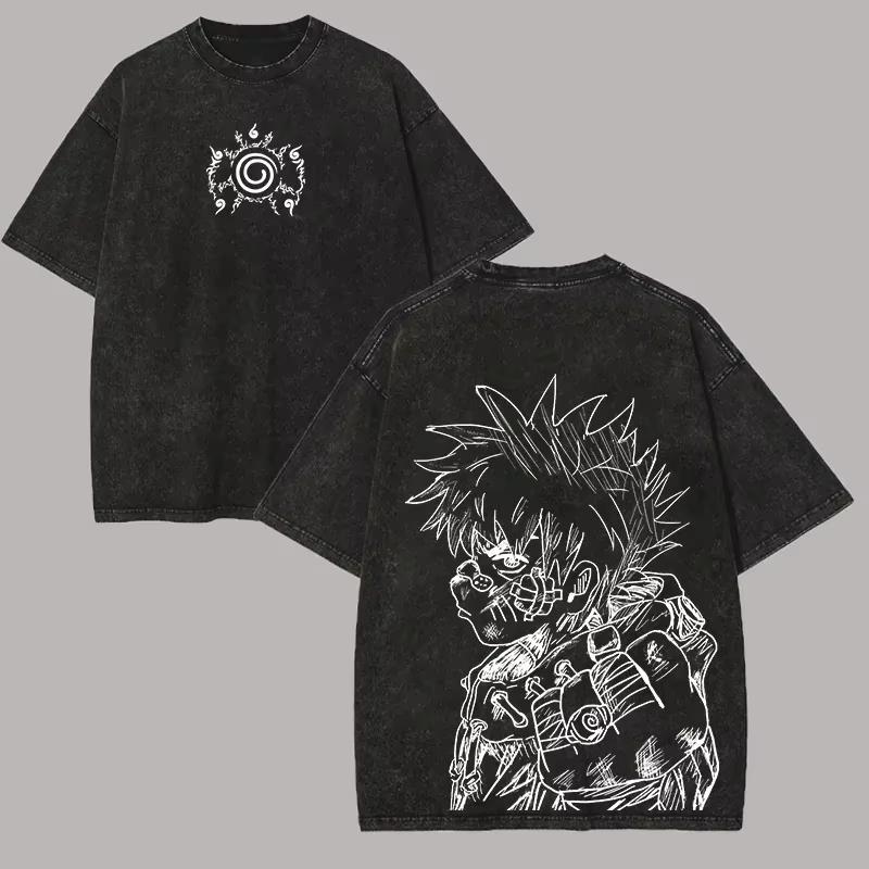 Naruto Uzumaki T Shirt Unisex Acid Wash Back Print Sketch Anime Graphic Cotton Streetwear Unisexga Seal Vintage Bootleg Tee