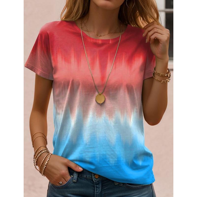 Summer Round Neck 3D Gradient Print T-shirts Fashionable Casual Short Sleeved Women's T-shirts