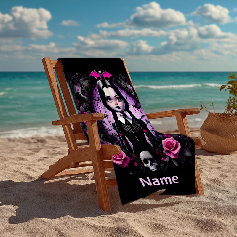 Custom Name Ultra-Soft Beach Towel with Wednesday Theme,Ideal for Pool - Camping, Diving - Perfect Travel Essential, Vibrant Beach Towel.
