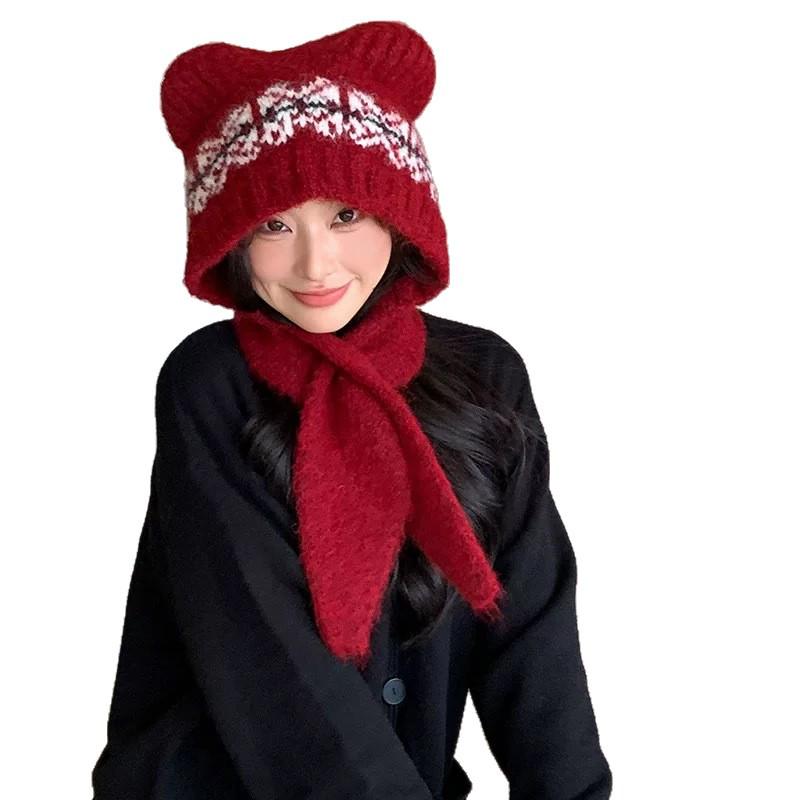 Женский милый комплект шапка и шарф с мишкой из смесовой шерсти - Зимний теплый, стройнящий и вязаный с ушками.