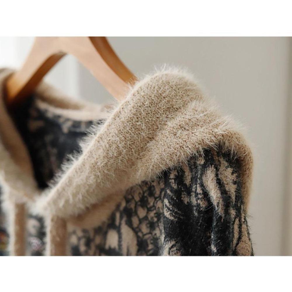 Большие размеры Зимние свитера Женские свитера большого размера Пуловеры Длинные рукава Шапки Вязание Свободный узор Печатный свитер