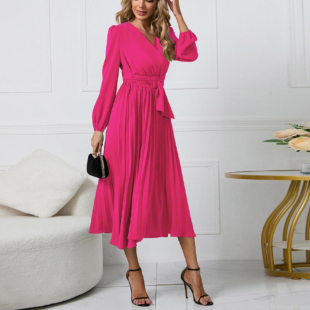 Женское однотонное облегающее платье с длинными рукавами и плиссированным поясом с v-образным вырезом