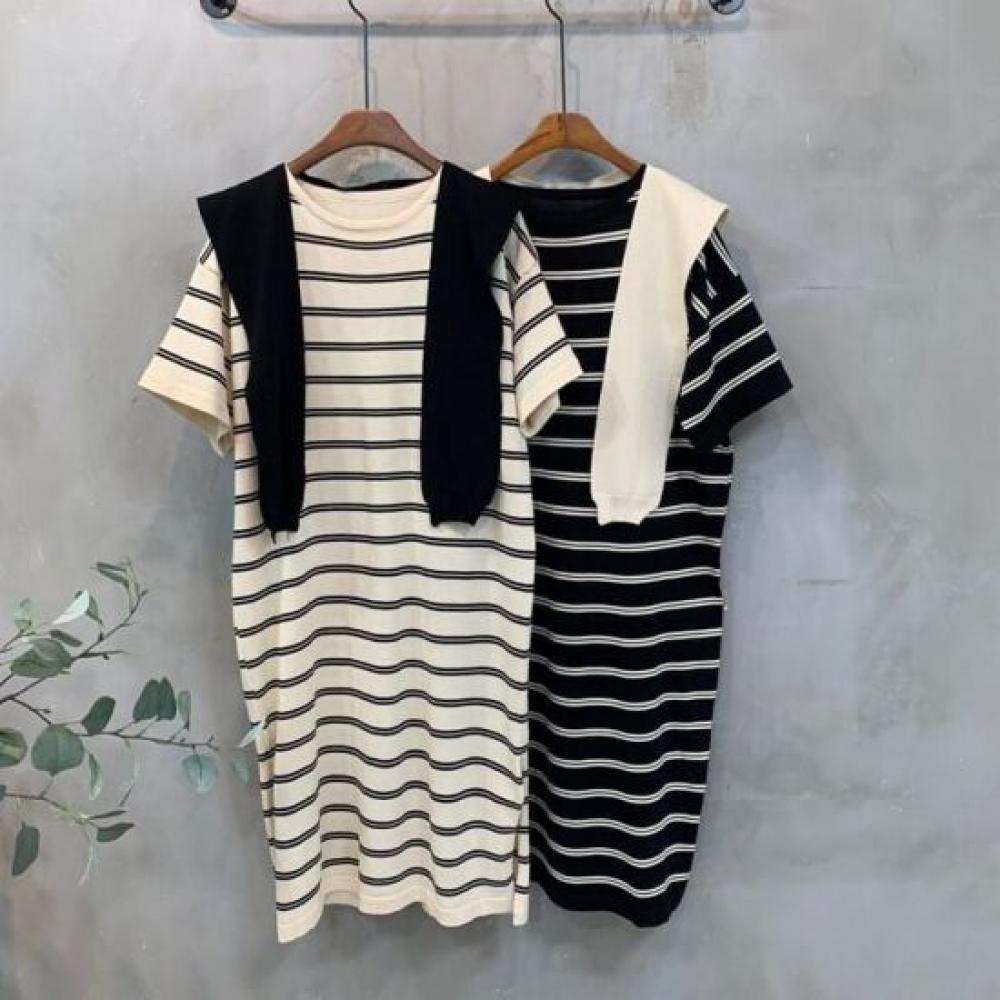 C S In The Room Tumi Stripe Short Sleeve Knit Long dreSS SCarf Set 2Color