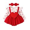Baby Girls Valentine's Day Romper Dress Long Sleeve Ruffle Heart Letter Print Romper with Headband