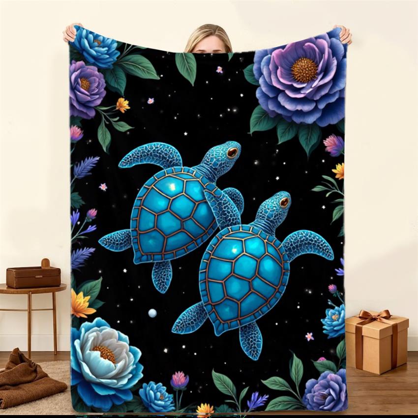 Blue Sea Turtle Throw Blanket Cosmic Starry Night Ocean Life Marine Animal Art Vivid Cozy Cover For Couch Gaming Futon