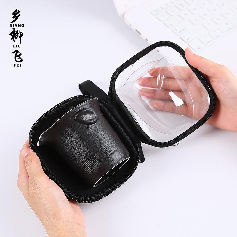 Black pottery travel tea set, one pot, three cups, outdoor car portable express cup business gift set can be printed