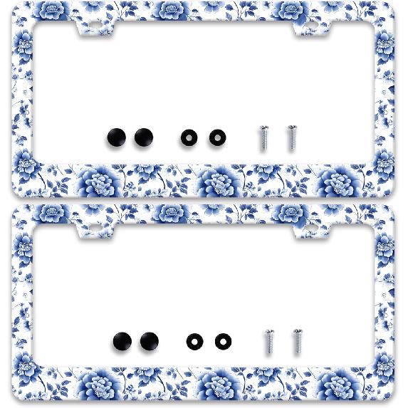 2 Pcs Grey Black Leopard Print License Plate Frame Cheetah License Plate Frames Personalise Stainless Steel Funny Design Compatible with Standard