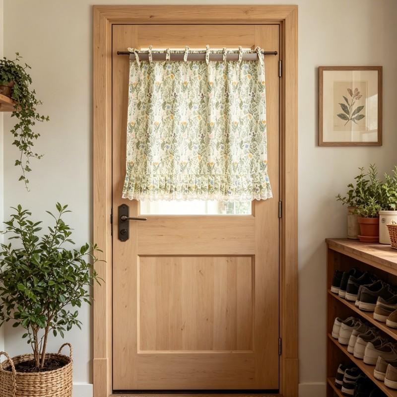 Curtain Kitchen Cabinet Door Short Decorative Privacy Panel Green Floral Print 75x55cm Washable Light Filtering Dustproof