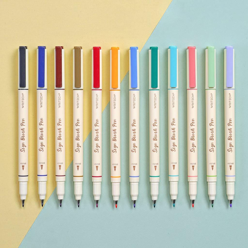 WRITECH Arts Sign Brush Brush Pen Tip Felt Ink Color 12 Assorted Pastel Perfect for and Calligraphy Pen, Marker, Tip, Water-Based Pen, Colors,