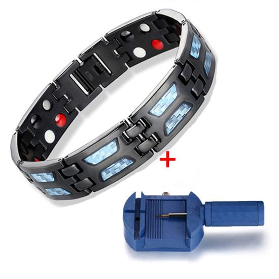 Magnetic Therapy Bracelets for Men Unique Blue Carbon Fiber Titanium Steel Materials Magnetic Bracelet for Men Black with 4 Element Magnets