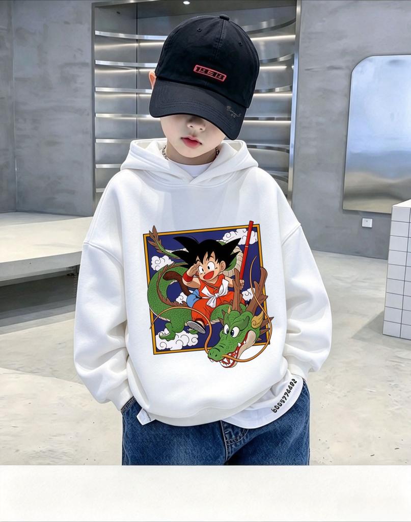 Худи с капюшоном для мальчиков Dragon Ball Z Осень Зима Мультяшный принт с фигуркой дракона Детский худи-пуловер Повседневный топ с длинным рукавом