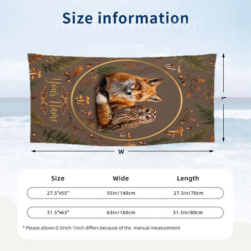 Fox Owl Flowers Theme Quick Dry Beach Towel Custom Name Text Print Large Sand Resistant Towel Beach Vacation
