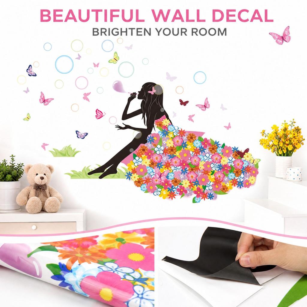 Umbrella Girl and Butterfly Wall Decals, Decorative Stickers for Living Room Bedroom