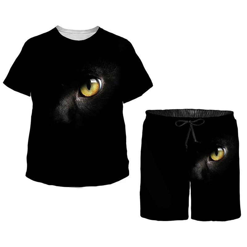 Летний комплект для детей, милый топ с короткими рукавами и шортами с принтом «Кейт», черный спортивный костюм, кавайные пижамы с героями мультфильмов для мальчиков и девочек