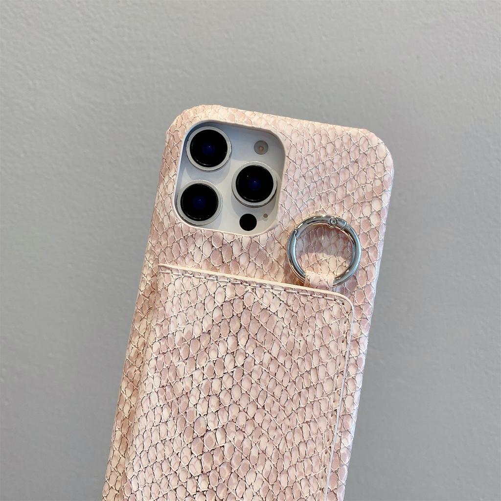 For iPhone 15 Pro Case Card Holder Mirror Snake Texture PU+PC Back Cover with Lanyard