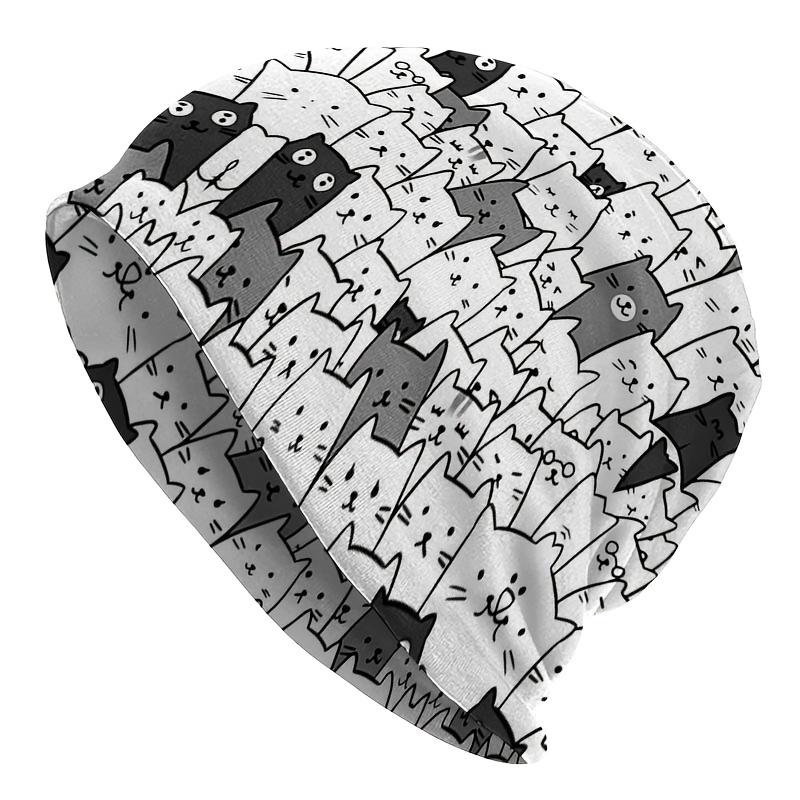 1 Unisex Street Style Cat-Themed Knitted Hat - Adorable Black and White Cat Pattern, Durable Knitted Fabric, Comfortable Stretch Fit, Casual Outdoor H