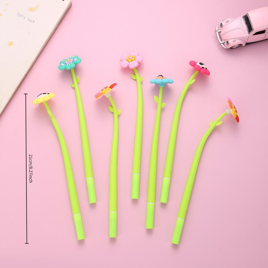 5pcs Flower Shaking Gel Pens with Cartoon Panda and Animal Toppers Soft Silicone Body Black Ink Pens for Office School Supplies