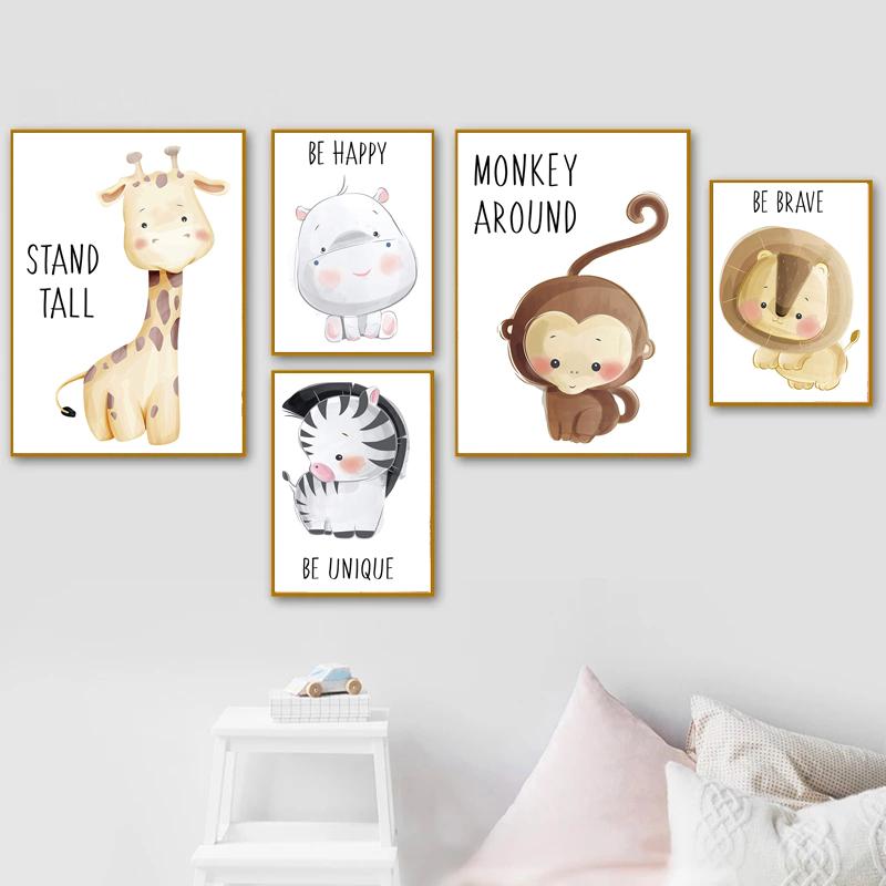 Cartoon Cute Animal Giraffe Lion Monkey Elephant Baby Posters And Prints Wall Art Canvas Painting Wall Pictures Kids Room Décor No Frame
