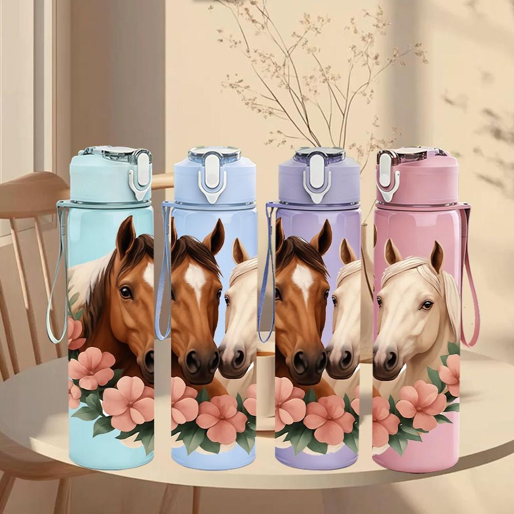 1PC Two Horses Pink Flower Bouquet Print 750ml Color Plastic Sports Water Bottle Leakproof Flip Straw Lid Suitable for Sports Office Home Use