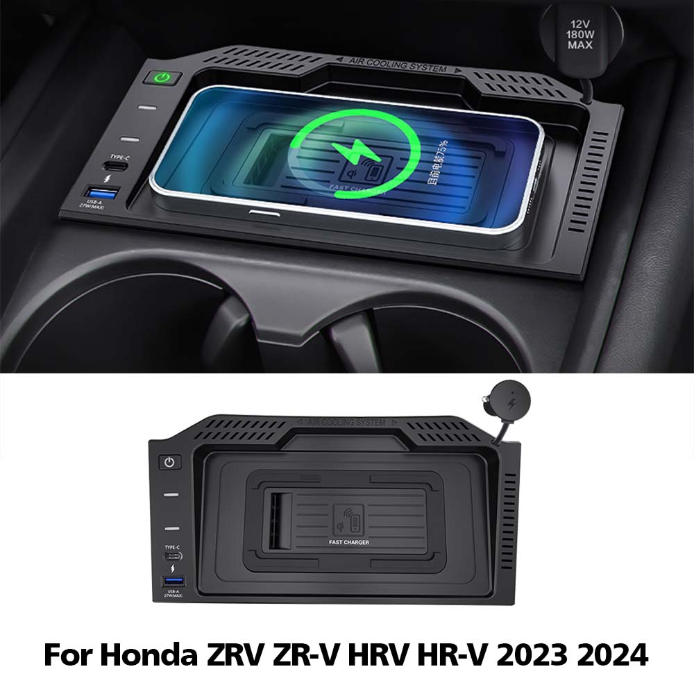 Black Car Wireless Charger For Honda ZRV ZR-V HRV HR-V 2024 15W Fast Phone Charger Charging Pad Plate Auto Parts