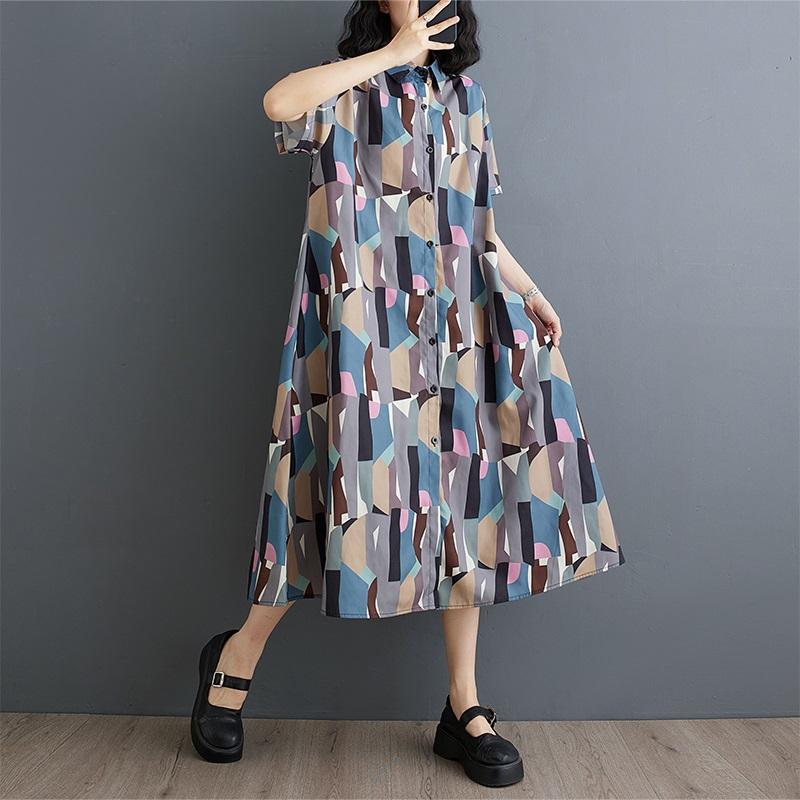 Новое винтажное платье с цветочным принтом больших размеров с коротким рукавом для женщин, повседневное свободное длинное летнее платье-рубашка