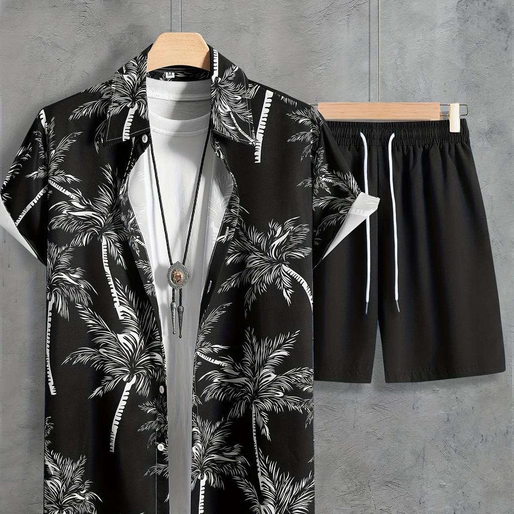 Coconut Tree Print Men's Short-sleeved Shirt And Beach Shorts Set Summer Everyday Men's Casual Shirt And Beach Pants