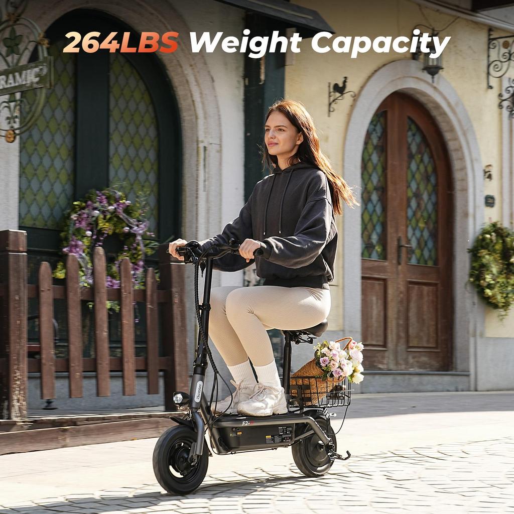 F3 1000W Adult Electric Scooter with Seat, Dual Disc Brakes, Removable Basket, Foldable, Maximum Range 55-60km, Wide Tires, City Commuting