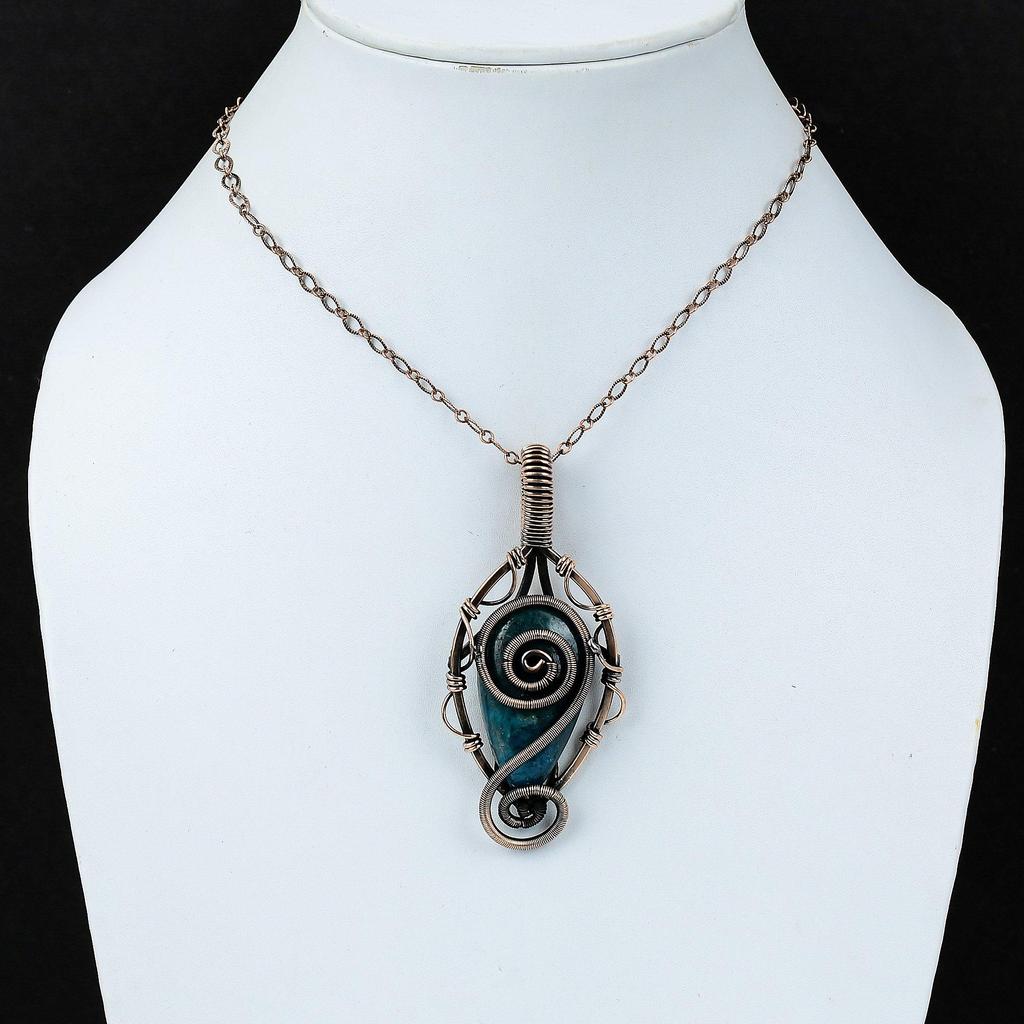 Неоново-синий апатит, драгоценный камень, чистая медная проволока, обернутая подвеской ручной работы, ювелирные изделия