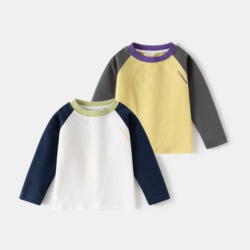 Korean Style Spring and Autumn Round Neck Tops for Young Children, Boys' Long-Sleeved T-Shirts, Children's Raglan Sleeve Color-Blocked Base Shirts