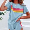 Yousheng 2 шт./компл. Женский наряд Футболка с коротким рукавом и круглым вырезом Эластичная талия Шорты с широкими штанинами Комплект Наряд в уличном стиле с цветной вставкой