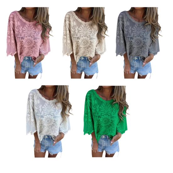 Женские топы с круглым вырезом и рукавами 3/4, свободная посадка, украшенная кружевом, повседневная рубашка, однотонные дышащие нестандартные топы