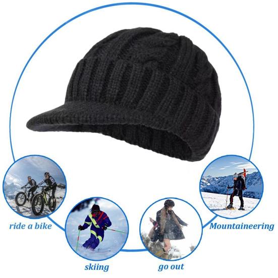 Short Brim Knitted Hat for Men Winter Warm Fleece Lined Thick Cable Knit Cuff Hat Soft Slouchy Skull Cap for Outdoors