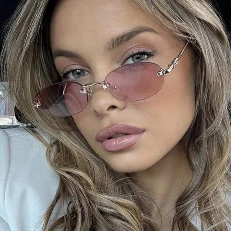 Retro Frameless Oval Sunglasses Fashion Men Fishing Driving Glasses Uv400 Shades Eyewear Essential Goggles For Outdoor Travel