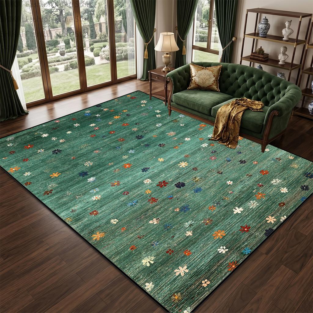 Green Retro Pastoral Style Living Room Carpet Cute Room Decor Non-slip Short Velvet Rug Large Area Easy Clean Fluffy Floor Mats