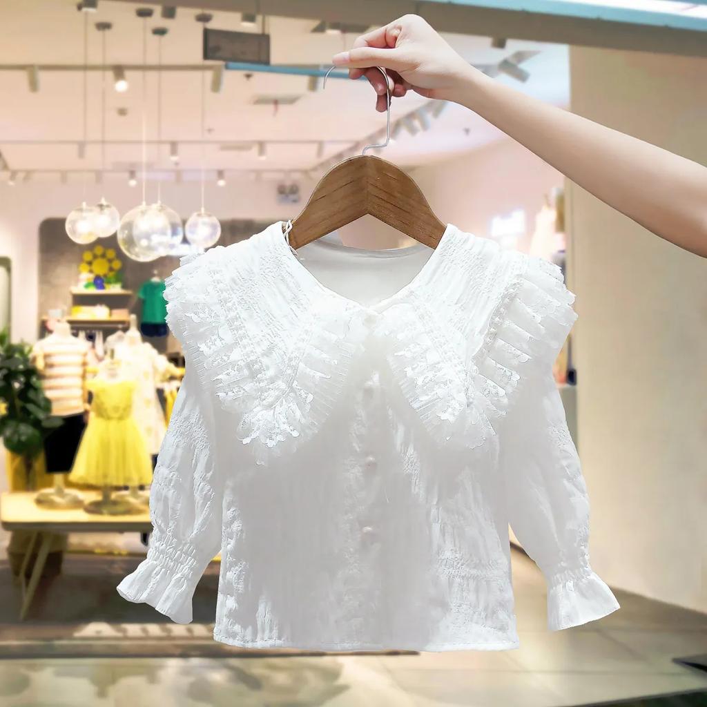 Girls Spring Solid Color Long Sleeve Lace T-shirt Cute Fresh Pullover Tops