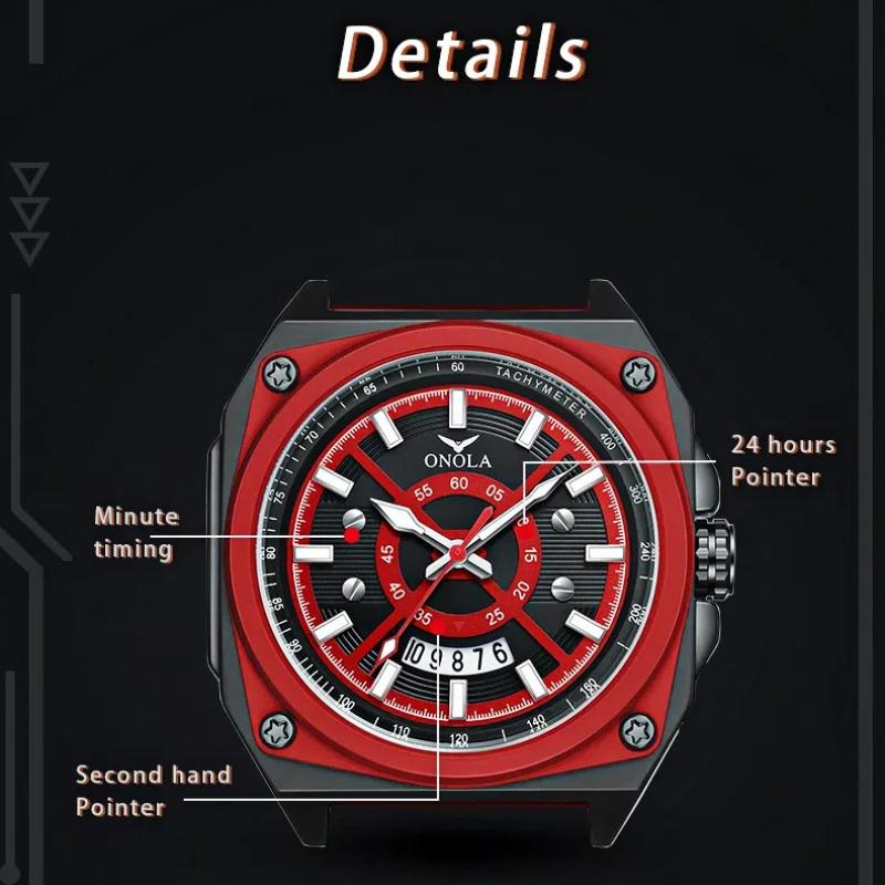 ONOLA Модные квадратные новые мужские часы с тремя циферблатами, календарем, многофункциональные кварцевые водонепроницаемые часы на ремешке
