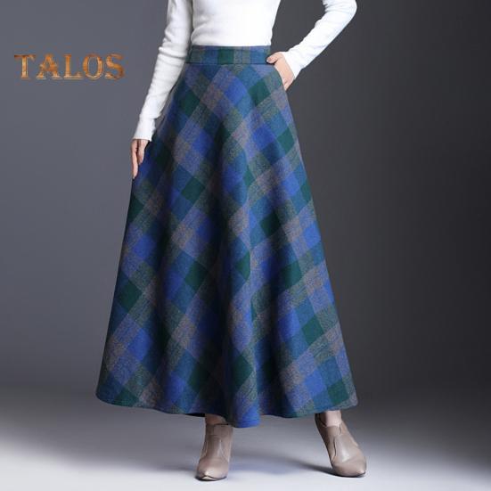 Женская шерстяная юбка с высокой талией и клетчатым принтом, юбка-трапеция, осень-зима, утолщенная юбка с большим подолом, повседневная одежда