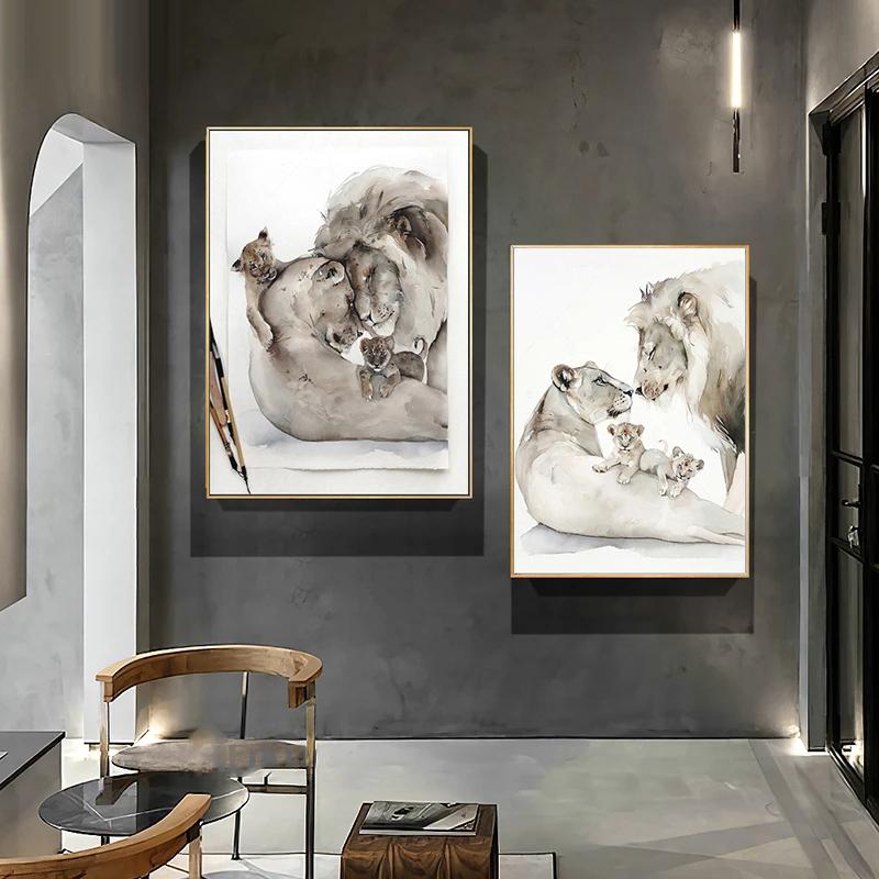 Лев Семья Плакат Печать Отец Мать Дети Настенное Искусство Муж и Жена Любящий Дом Холст Картины Настенные Художественные Украшения Картины